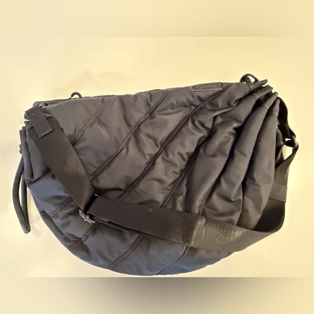 New! Ganni Black Nylon Knot Tied Quilted Hobo Crossbody Bag